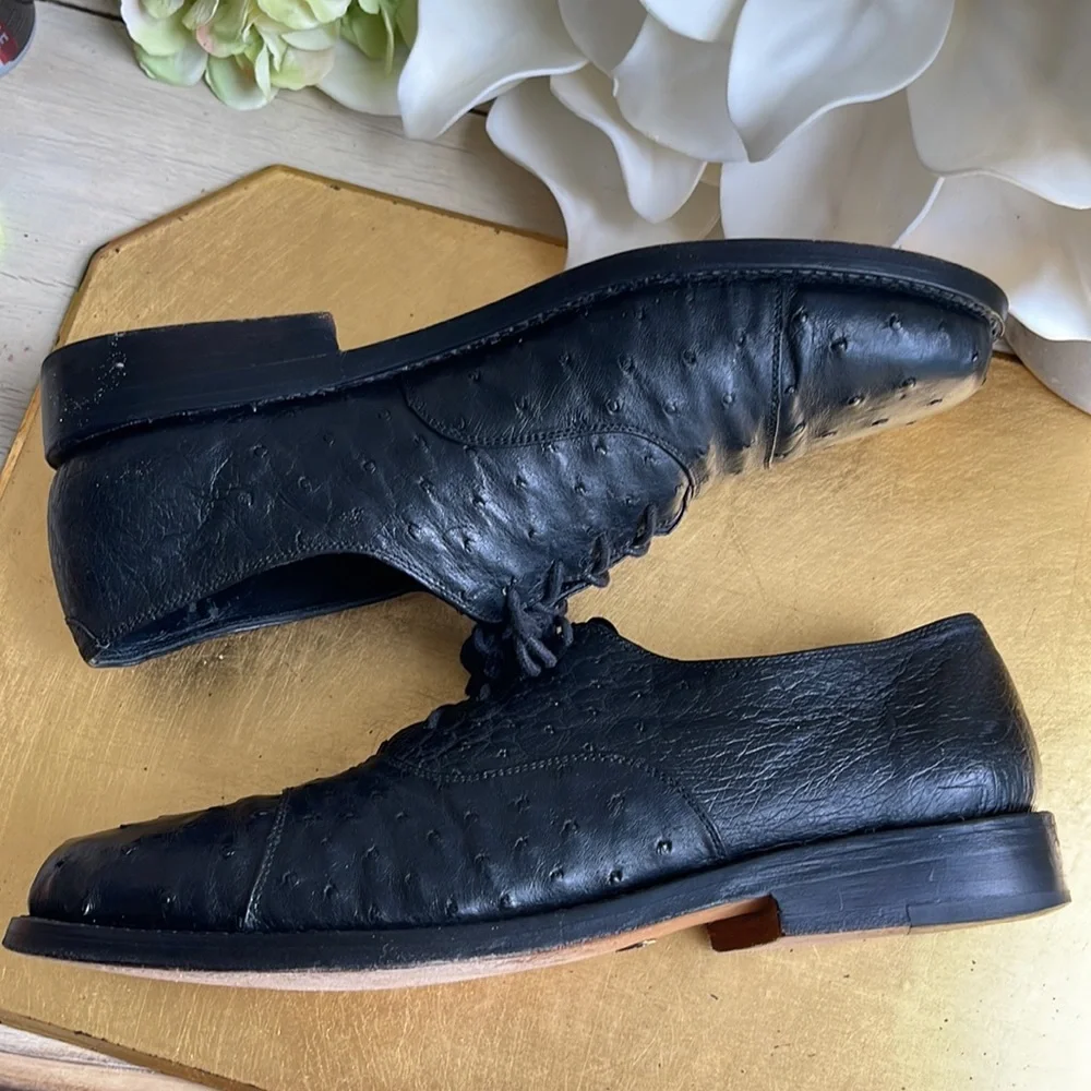 EXOTIC Genuine Ostrich Max Leather USA Cap Toe Oxfords in Black